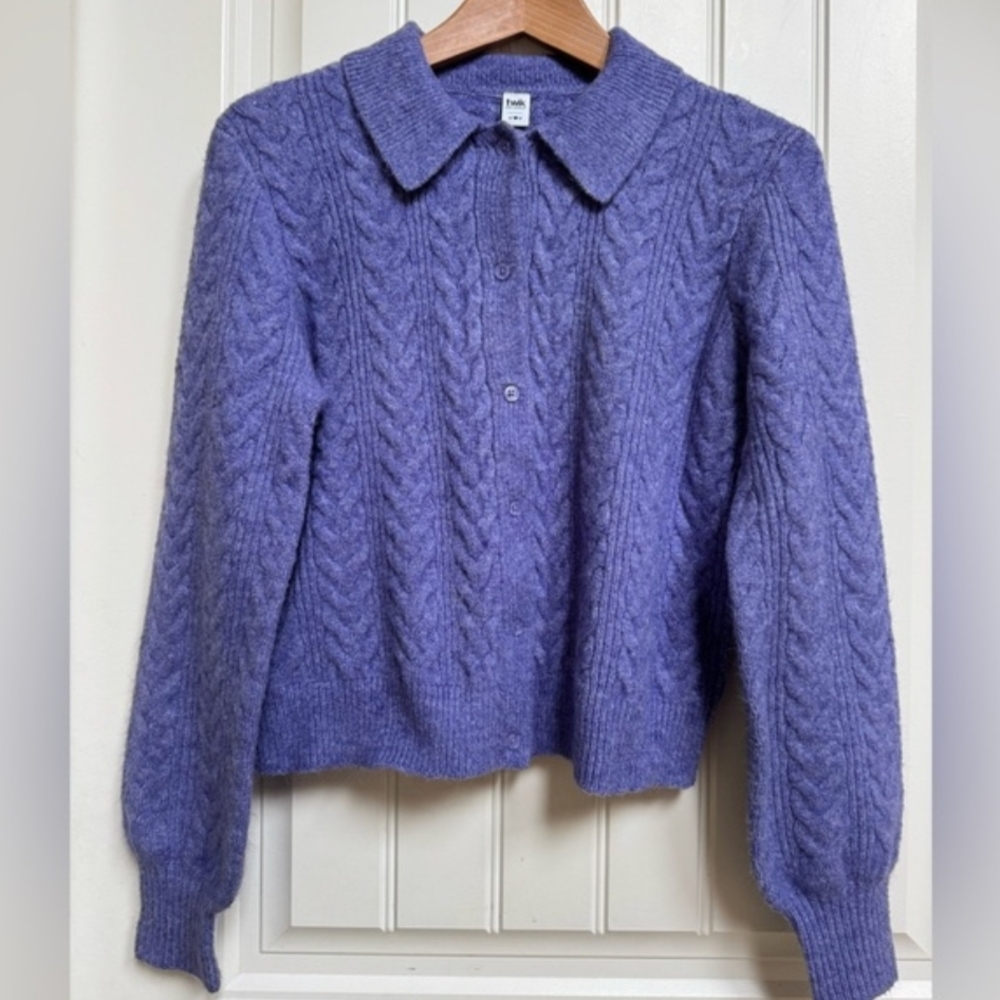 Twik Lavender Lilac Cable Knit Cardigan Acrylic Collared Button Up Size M